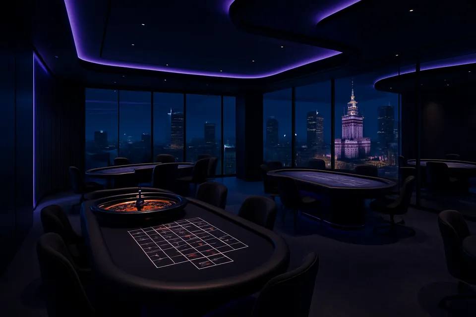 Eleganter Casinosaal mit indigo Beleuchtung und klassischen Spieltischen