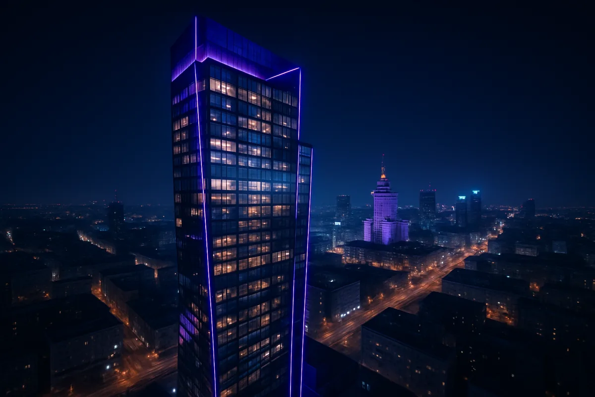 Stay Pulse Hotel & Casino mit Blick über die Berliner Skyline bei Nacht