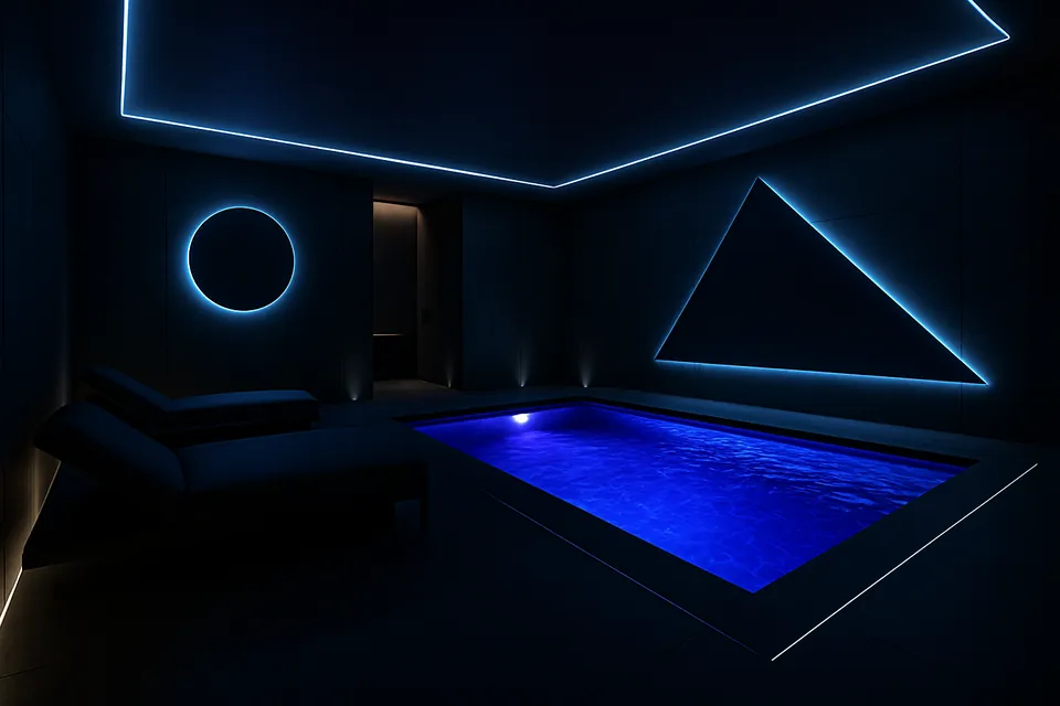 Ruhiger Spa-Bereich mit Innenpool, Lichtakzenten und moderner Wellnessarchitektur